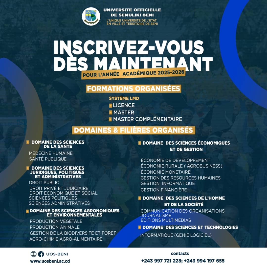 Inscriptions à l'Université Officielle de Semuliki (UOS-Beni) 2025-2026